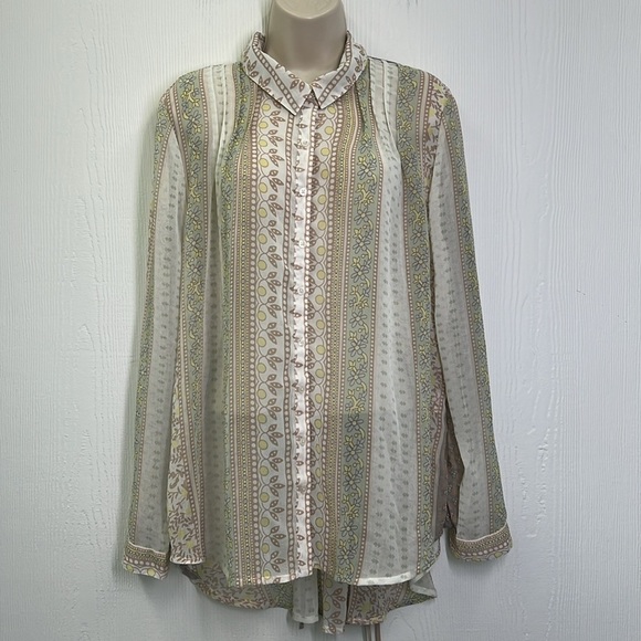 Free People - Floral Fun Design Multi Colored Button Up See Thru Blouse Large - Picture 2 of 12